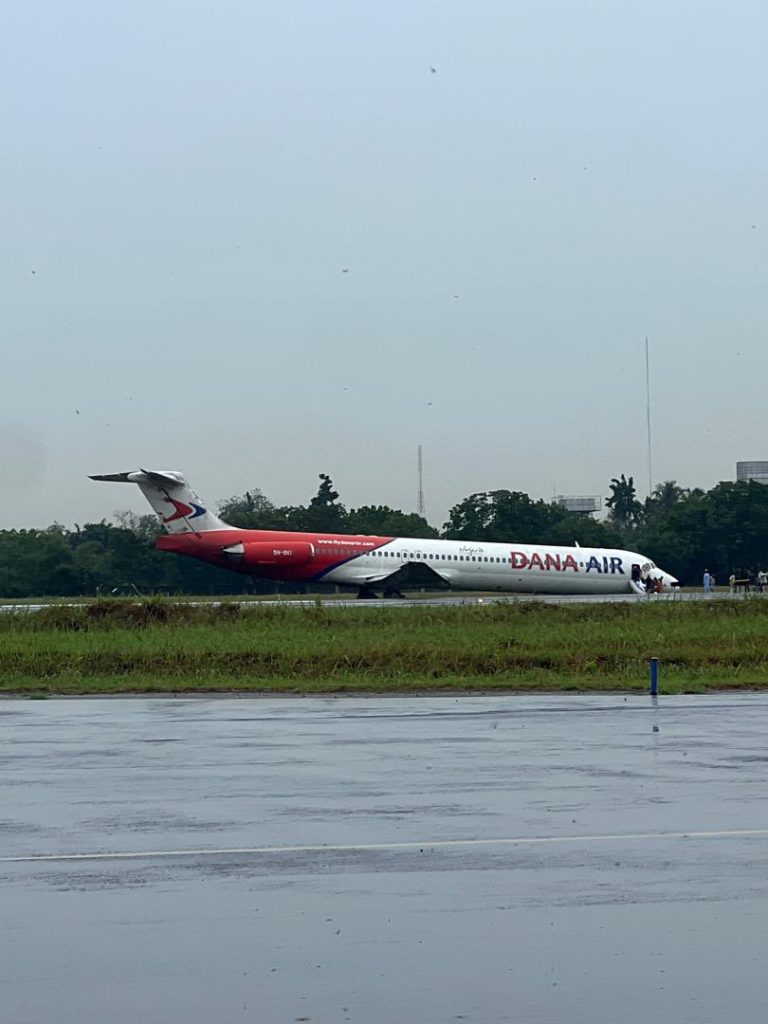 BREAKING: Dana aircraft skids off Lagos airport runway [PHOTOS]
