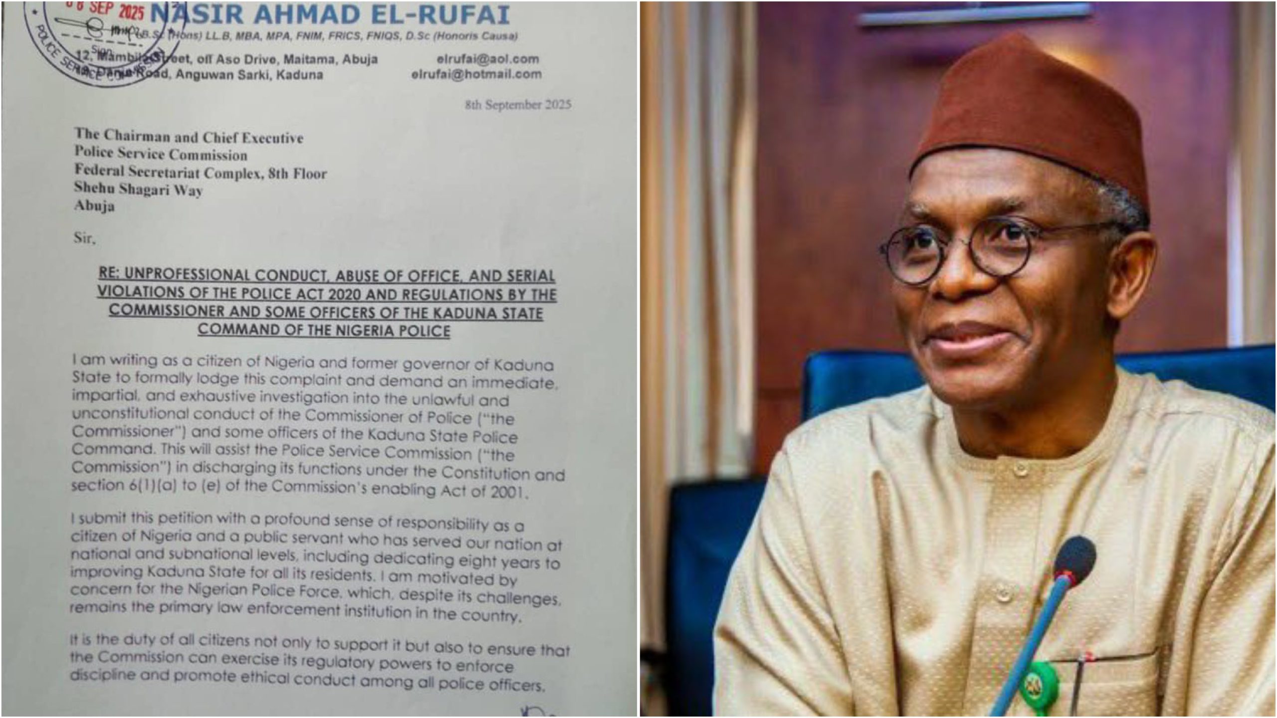 BREAKING: El-Rufai Drags Kaduna Police Commissioner to PSC [PHOTO]