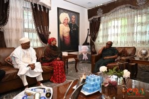 Senator Aishatu Dahiru Ahmed (Binani) NDC gubernatorial candidate for Adamawa State, and her husband, Professor Ahmed Modibbo, at the residence of H.E. Rotimi Amaechi