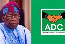 President Bola Tinubu beside the logo of the African Democratic Congress (ADC)