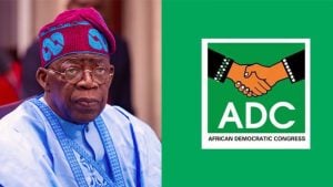 President Bola Tinubu beside the logo of the African Democratic Congress (ADC)