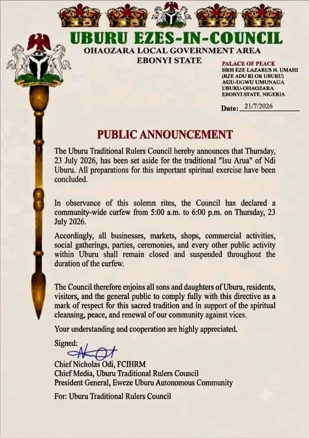 Letter From Ebonyi State Traditional Rulers Council