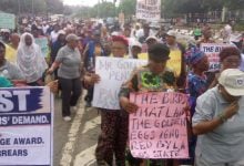 Pensioners protesting at Lagos House on Monday