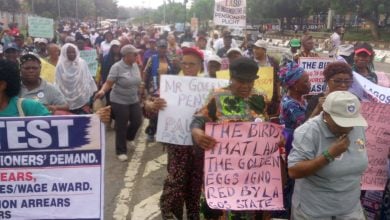 Pensioners protesting at Lagos House on Monday