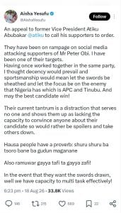 Aisha Yesufu made the appeal in a post on X on Tuesday evening