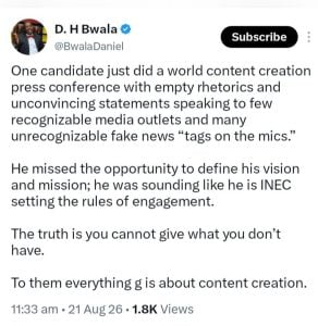 Bwala accused Obi of failing to use the opportunity to clearly present his vision and mission to Nigerians. Credit: X/BwalaDaniel