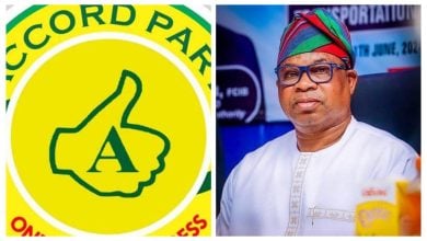 Accord party logo and Bola Oyebamiji