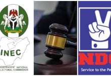 INEC logo/ court gavel/ NDC logo