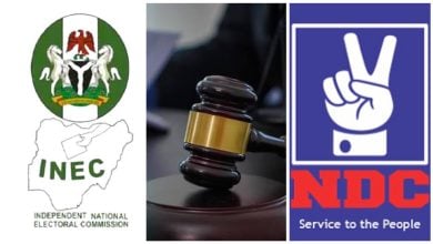 INEC logo/ court gavel/ NDC logo