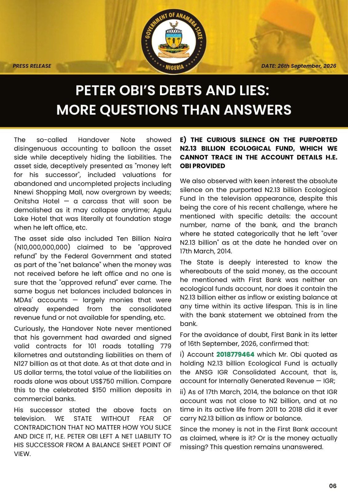 Anambra Govt Replies Obi, Releases Fresh Details on Liabilities