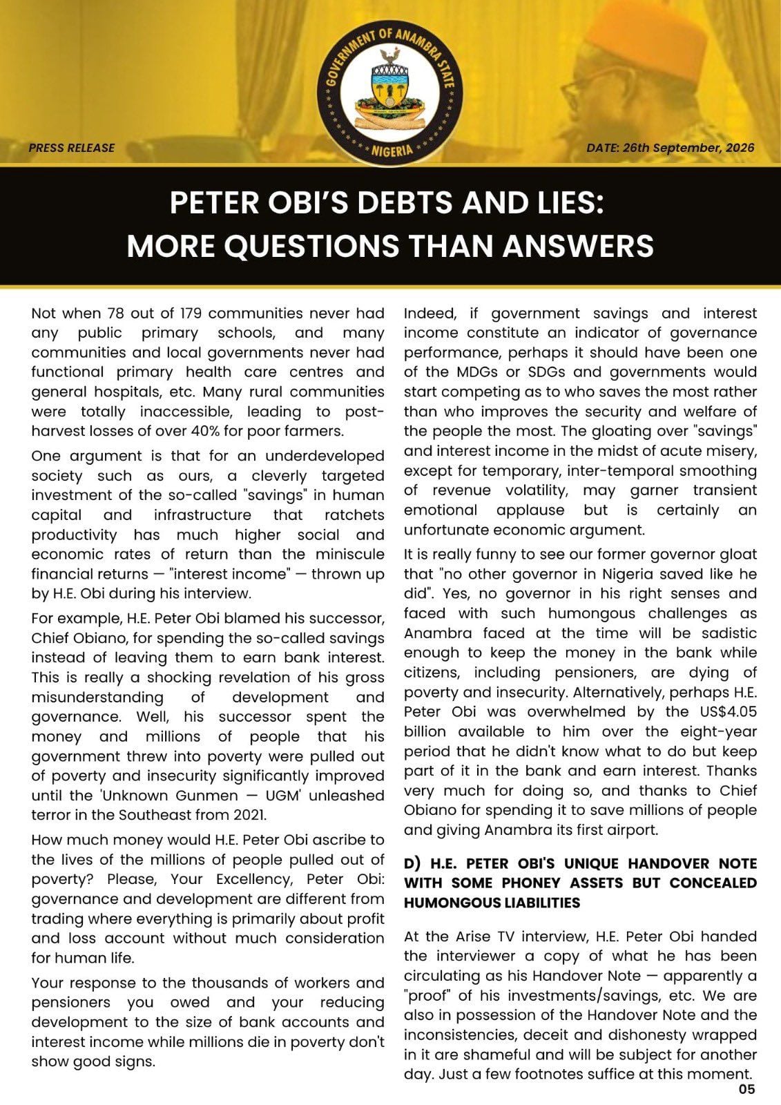 Anambra Govt Replies Obi, Releases Fresh Details on Liabilities