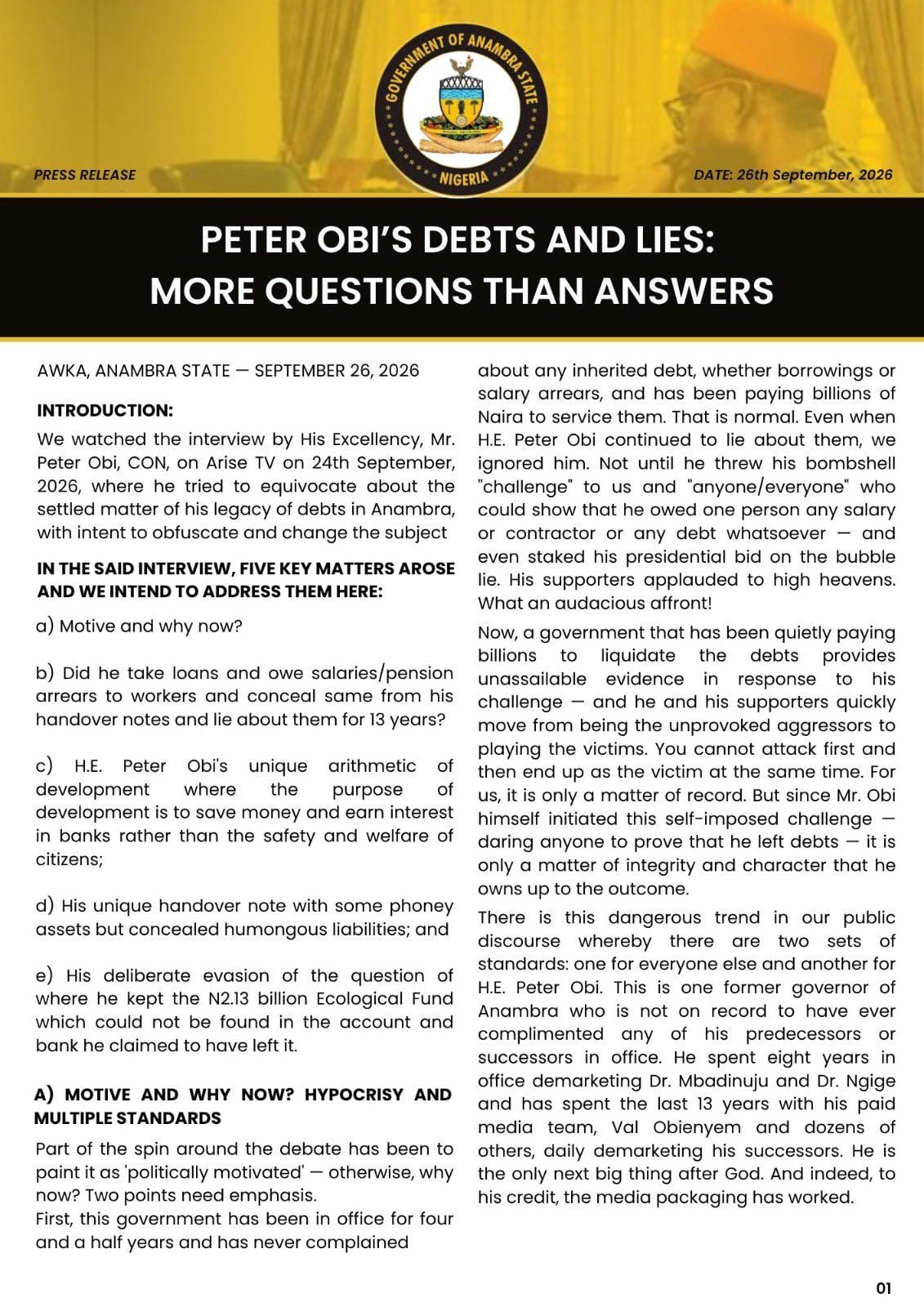 Anambra Govt Replies Obi, Releases Fresh Details on Liabilities