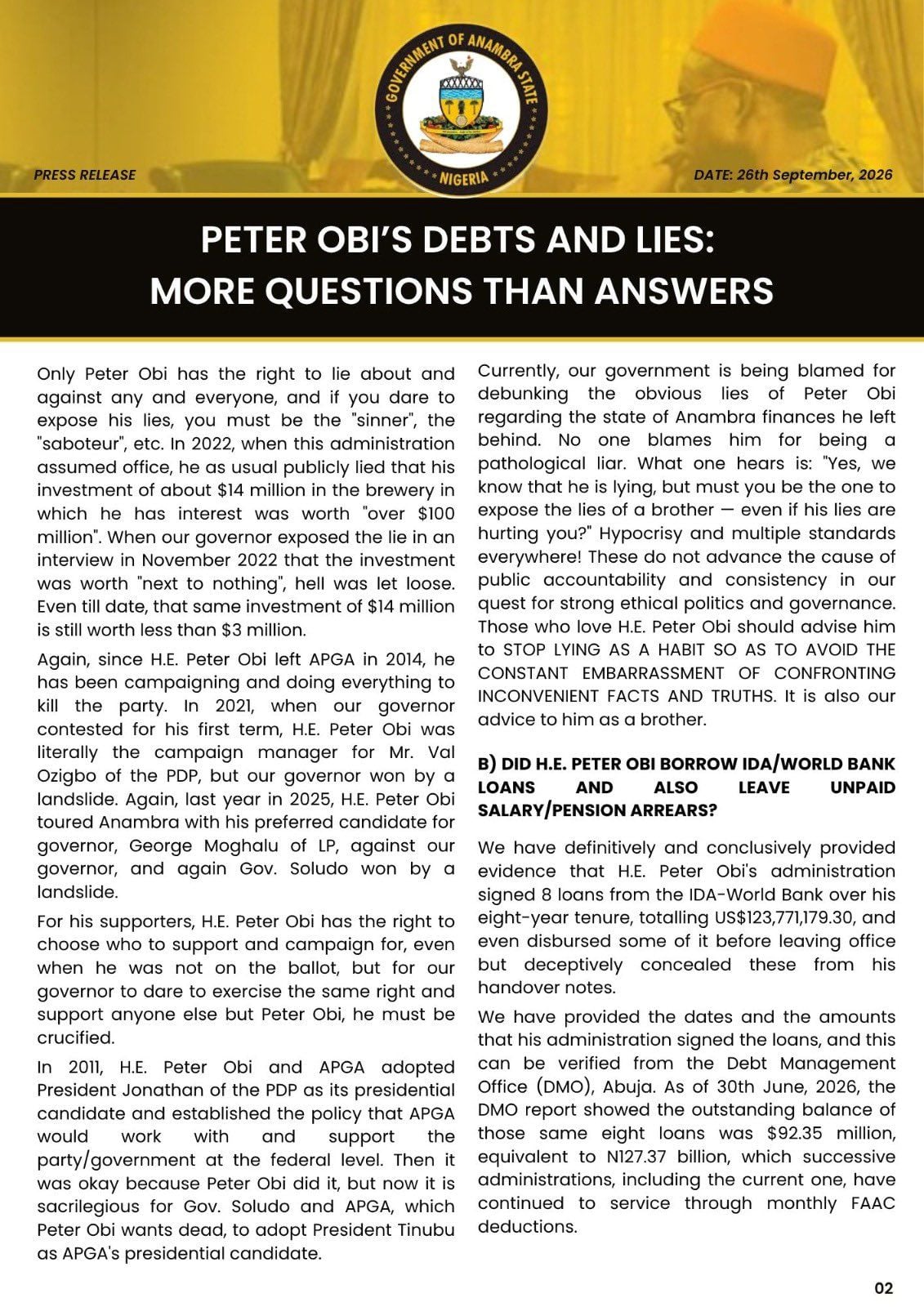 Anambra Govt Replies Obi, Releases Fresh Details on Liabilities
