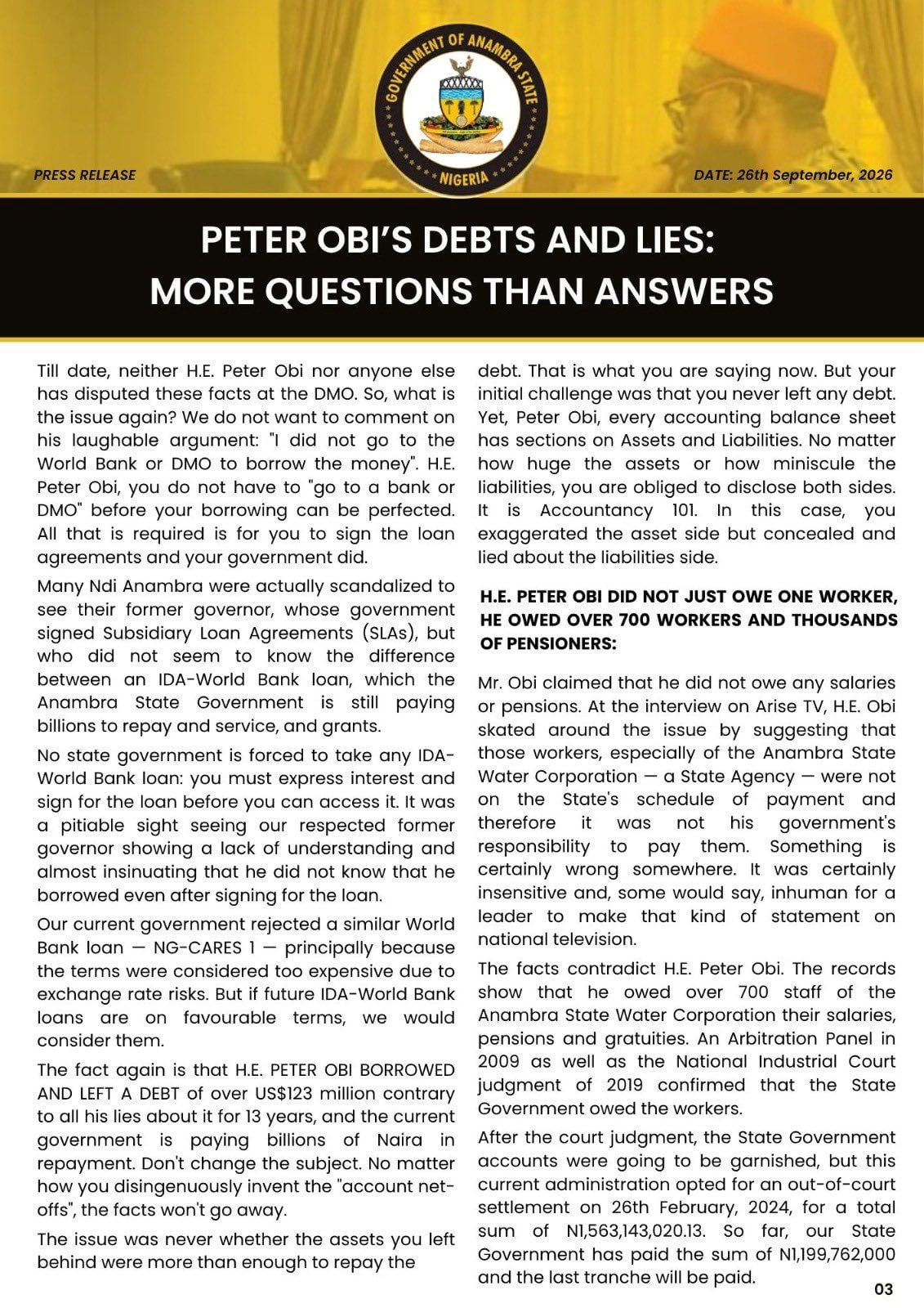 Anambra Govt Replies Obi, Releases Fresh Details on Liabilities