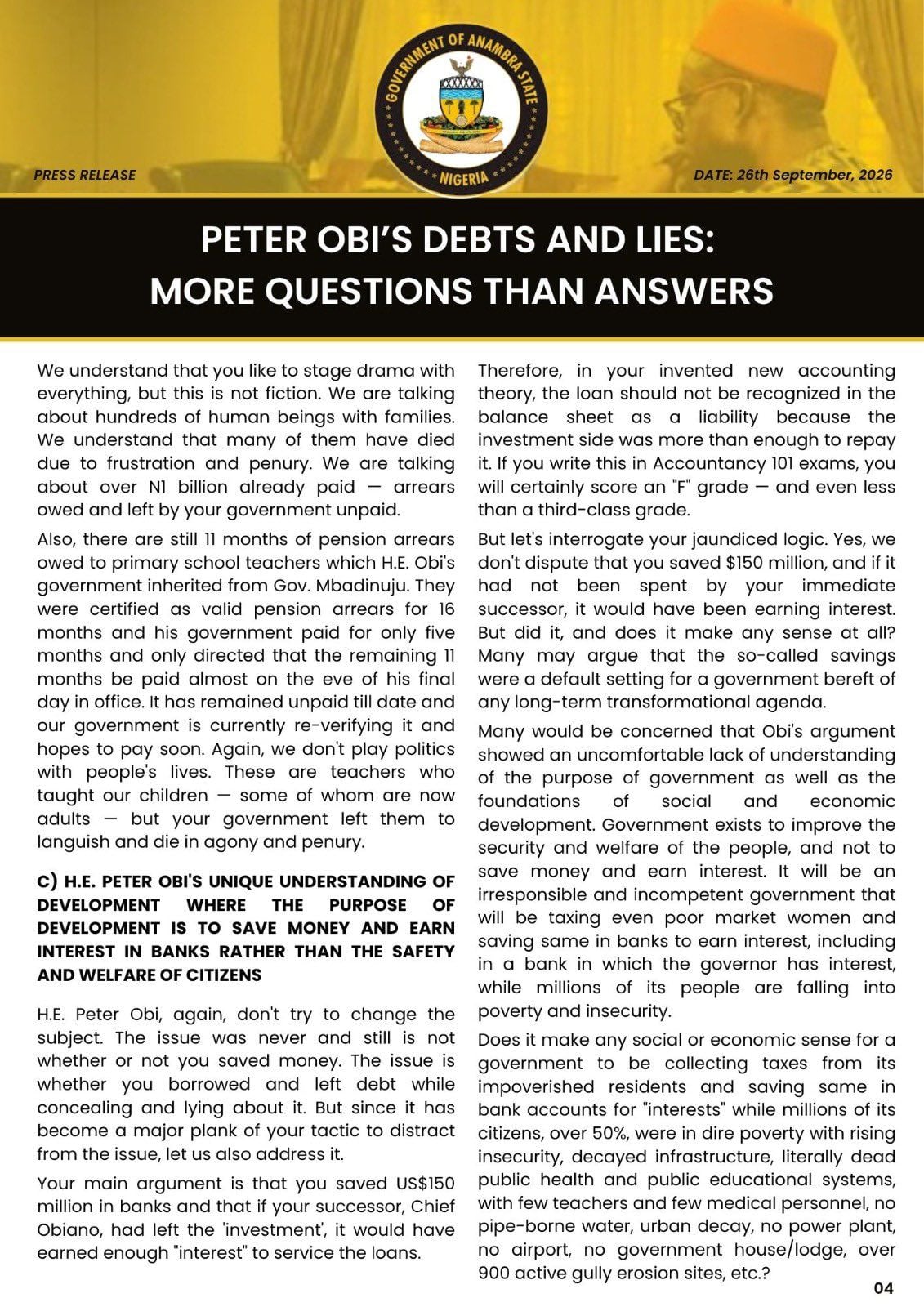 Anambra Govt Replies Obi, Releases Fresh Details on Liabilities