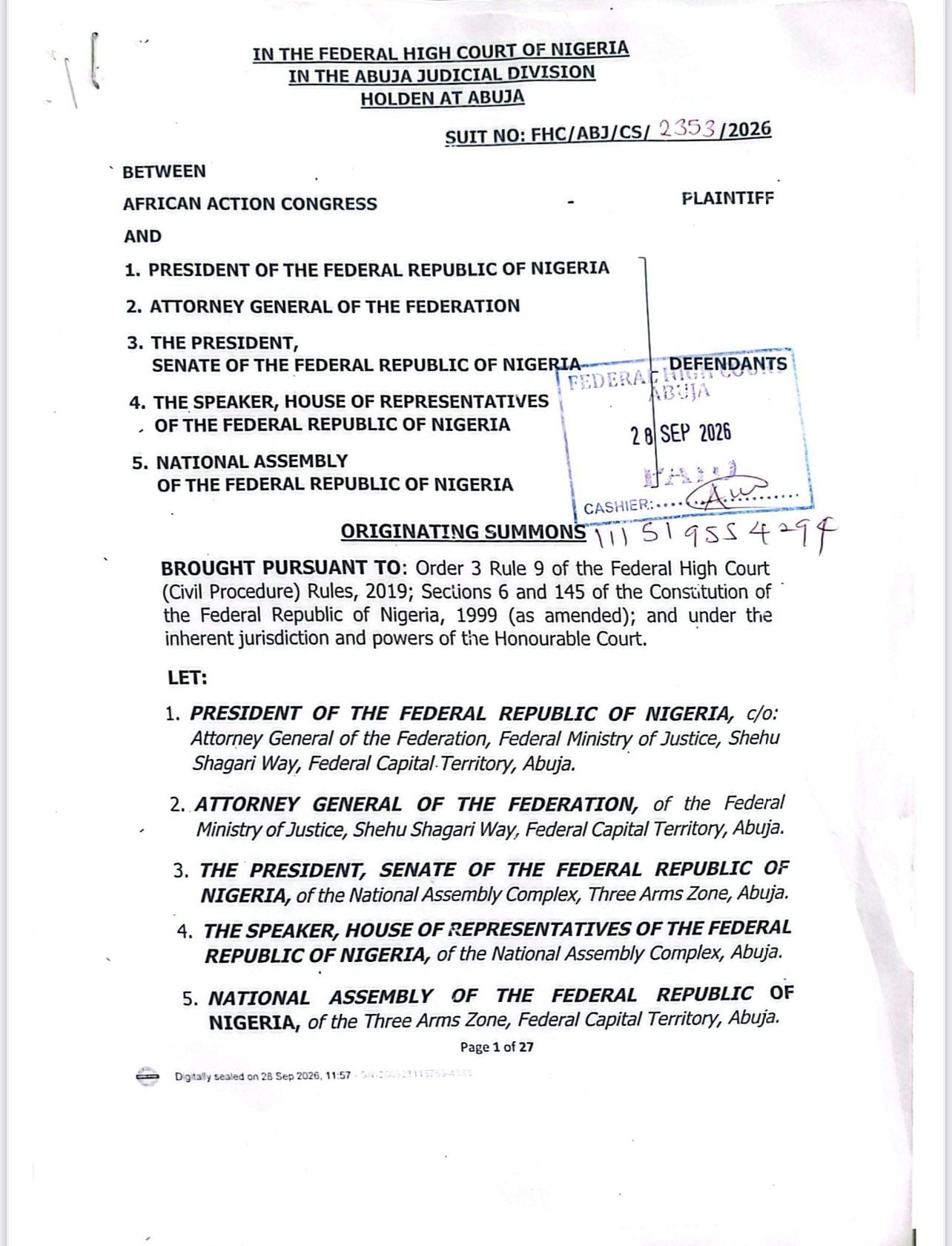 Tinubu Dragged to Court Over Refusal to Handover Power to VP Shettima