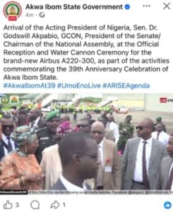 Akwa Ibom State Government has described Senate President Godswill Akpabio as the “Acting President of Nigeria” in a post on its official Facebook page.