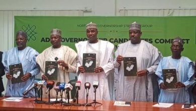 (L–R) ADC governorship candidates: Katsina State – Senator Ahma Kaita, represented by his deputy, Aminu Yar’adua Ahmed; Kebbi – Abubakar Malami, SAN; Sokoto – Manir Mohammad Dan’iya; Kaduna – Isa Mohammed Ashiru; Jigawa – Sabo Mohammed Nakudu; and Zamfara – Bilyaminu Yusuf Shinkafi, at the signing of the Northwest ADC Governorship Candidates’ Compact in Abuja. Photo credit: Northwest ADC gov candidates Media Unit