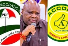 PDP logo; Governor Ademola Adeleke; Accord logo