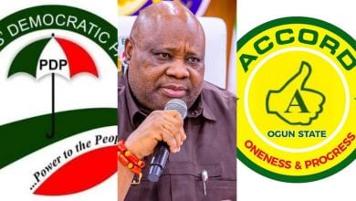 PDP logo; Governor Ademola Adeleke; Accord logo