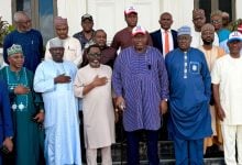Former Secretary to the Government of the Federation Babachir Lawal with leaders of the Nigerian Democratic Party