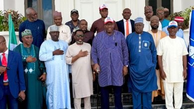Former Secretary to the Government of the Federation Babachir Lawal with leaders of the Nigerian Democratic Party