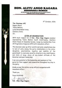 Zamfara Lawmaker Defection Letter 
