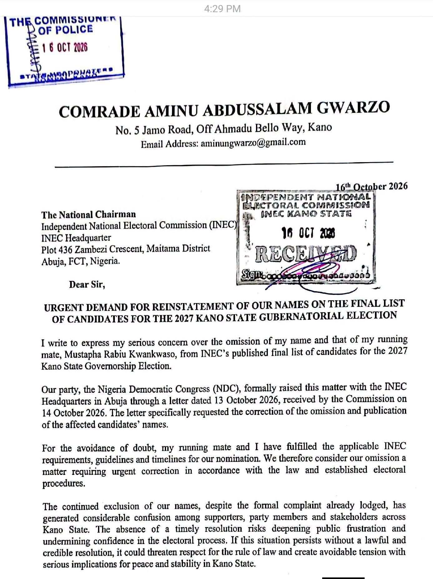 Kano NDC and candidate Aminu Gwarzo have petitioned INEC for excluding their candidates from the 2027 governorship election list