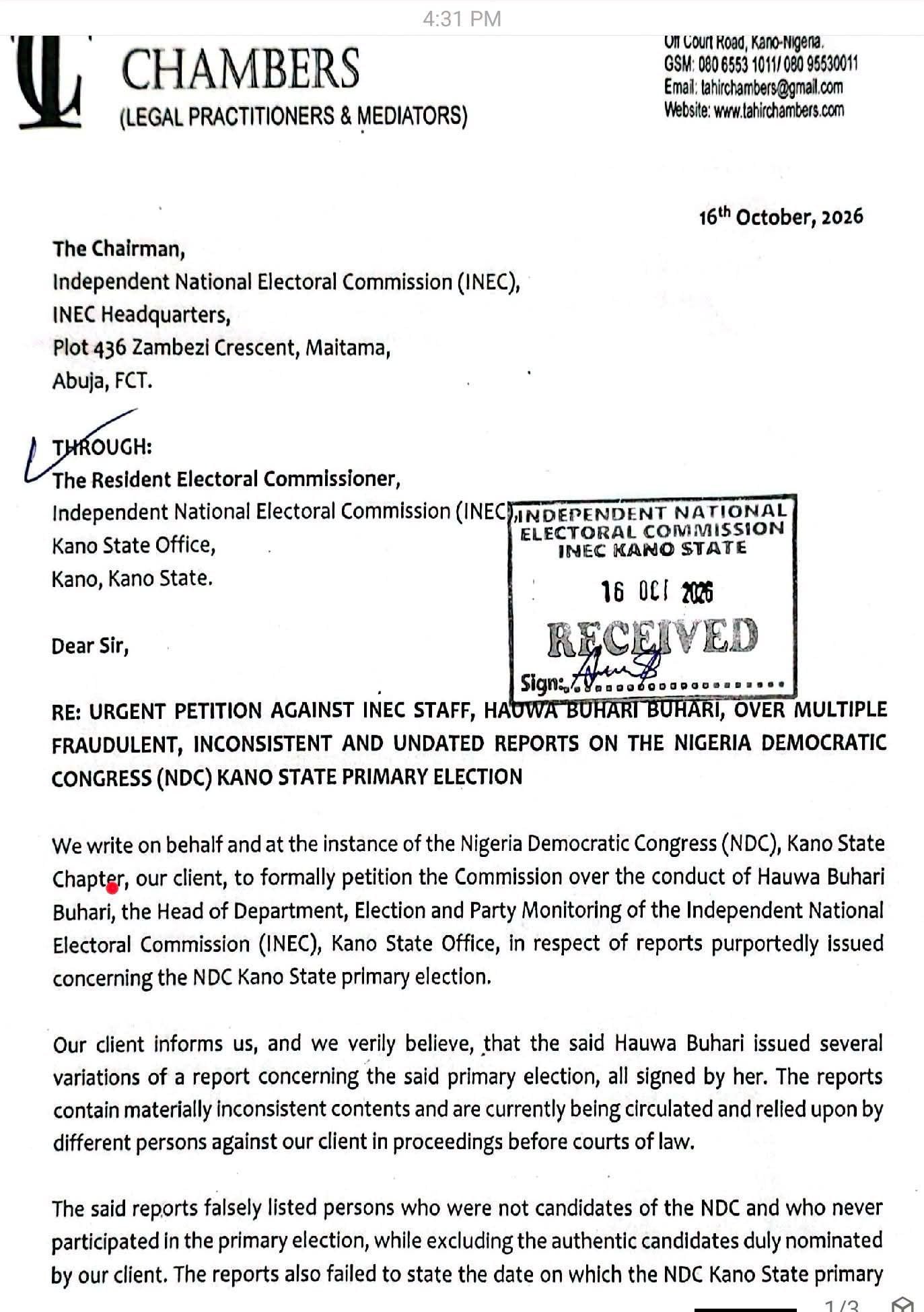Kano NDC and candidate Aminu Gwarzo have petitioned INEC for excluding their candidates from the 2027 governorship election list