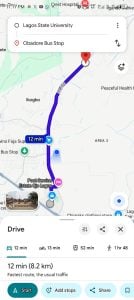 Google map showing distance between LASU to Obadore bus stop
