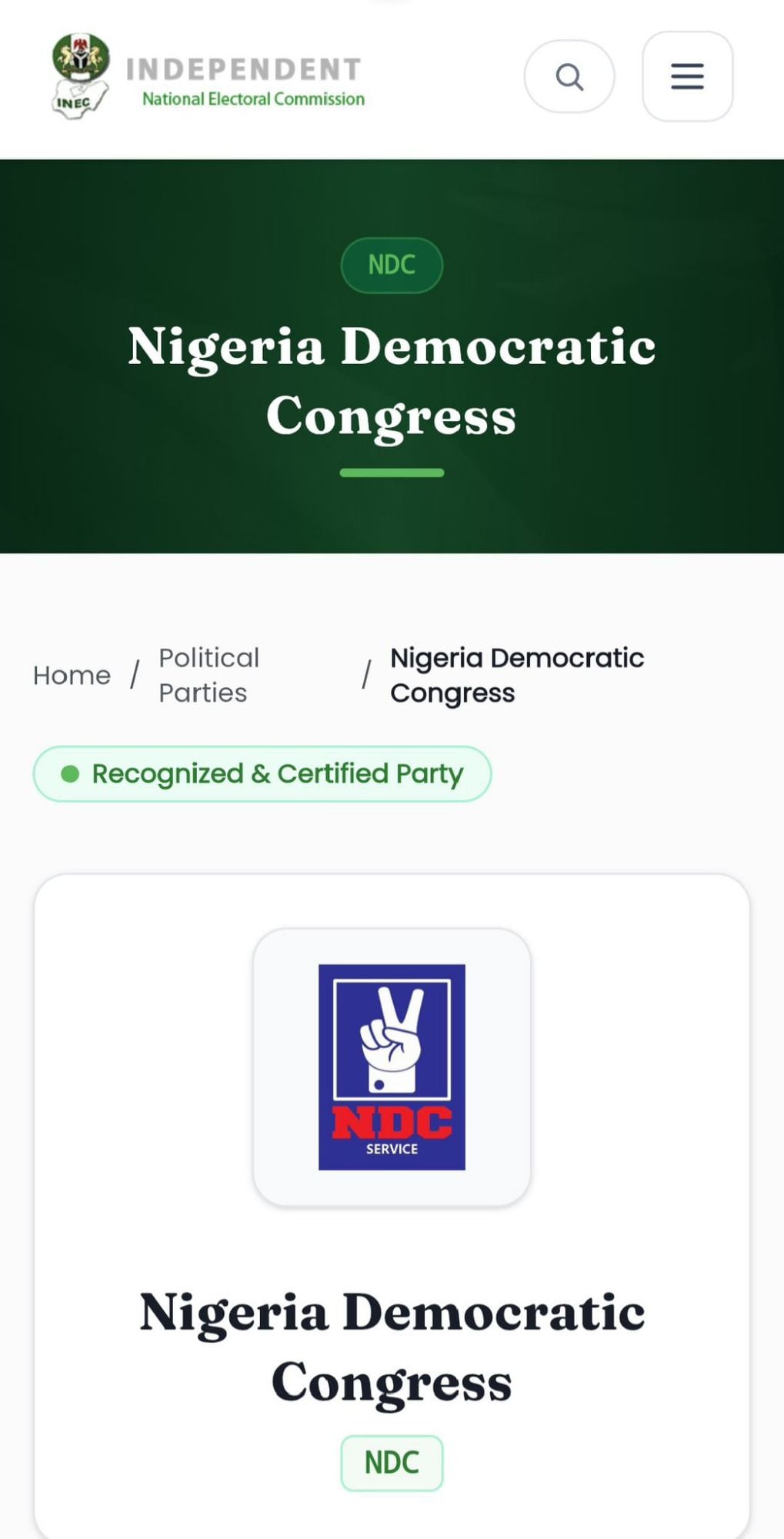 INEC Updates NDC logo on its portal