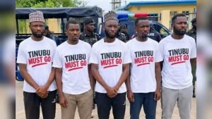 Five Nigerians who were detained in Maiduguri for wearing T-shirts bearing the inscription, “Tinubu Must Go.”